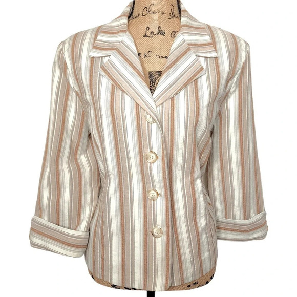 Dressbarn Womens Striped Linen Lightweight Lined Blazer Size Large Cream - Picture 1 of 16